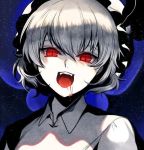  1girl bat_wings blood blood_on_face face fangs hat hat_ribbon looking_at_viewer mob_cap monochrome open_mouth portrait red_eyes remilia_scarlet ribbon shirt short_hair smile solo spot_color tongue touhou tsukimoto_aoi wings 