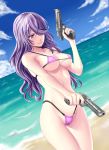  beach bikini desert_eagle drawfag dual_wielding grin gun hair_over_one_eye handgun highres ocean ootori_miou purple_hair sabagebu! smile swimsuit weapon 