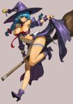 1girl bare_shoulders blue_hair boots braid breasts broom detached_collar detached_sleeves full_body gurimjang hair_ribbon hat high_heels highres holding leg_garter long_hair original puckered_lips ribbon simple_background solo twin_braids witch witch_hat wrist_cuffs yellow_eyes 