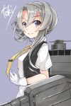  1girl artist_name bust gloves grey_background grey_eyes highres kantai_collection looking_at_viewer necktie nowaki_(kantai_collection) silver_hair smile toki/ 