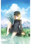  1girl adapted_uniform barefoot bird blonde_hair blue_eyes clouds cloudy_sky dress epaulettes erica_hartmann field flower grass hat looking_at_viewer medal military military_uniform mountain partially_submerged ripples sadoma seagull short_hair sitting sketch sky solo strike_witches sunlight uniform water 