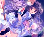 1girl :d blush fireworks hair_intakes japanese_clothes kimono mask mask_on_head night night_sky open_mouth pouch purple_hair shaved_ice sky smile straw tagme violet_eyes yukata yukie_(peach_candy) 