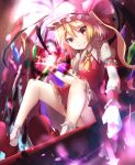  1girl ascot blonde_hair bow flandre_scarlet glowing grin hat hat_bow hizagawa_rau red_eyes sash side_ponytail smile solo sword teeth touhou weapon wings 