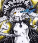  1girl blue_eyes bodysuit cape colored_pencil_(medium) covered_navel covering_mouth glowing glowing_eye headgear heterochromia iroha_(nullpo) kantai_collection looking_at_viewer short_hair short_hair_with_long_locks silver_hair solo traditional_media wo-class_aircraft_carrier yellow_eyes 