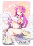  1girl angel_wings blush breasts feathered_wings halo highres jibril_(no_game_no_life) kutata long_hair low_wings magic_circle midriff navel no_game_no_life open_mouth pink_hair sideboob smile solo striped striped_legwear white_wings wings 