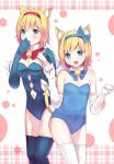  2girls alice_margatroid alice_margatroid_(pc-98) alternate_costume animal_ears bare_shoulders bell blonde_hair blue_eyes blue_gloves blue_legwear blush breasts capelet cat_ears cat_tail cleavage culter detached_collar fang gloves hairband highres jingle_bell kemonomimi_mode kittysuit looking_at_viewer multiple_girls navel_cutout open_mouth paw_pose short_hair smile tail thigh-highs time_paradox touhou touhou_(pc-98) white_gloves white_legwear 