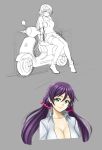  1girl ankle_boots boots breasts cleavage green_eyes grey_background highres large_breasts long_hair love_live!_school_idol_project low_twintails motor_vehicle open_clothes open_shirt out-of-frame_censoring partially_colored pas_(paxiti) purple_hair scooter scrunchie shorts sitting sketch smile solo spaghetti_strap tank_top thigh-highs toujou_nozomi twintails vehicle vespa 