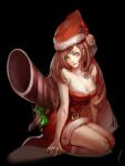  1girl adapted_costume alternate_costume arm_support breasts caviar_(lunar_sama) dress green_eyes hat highres league_of_legends light_smile lips long_hair looking_at_viewer miss_fortune off_shoulder red_dress redhead santa_boots santa_costume santa_hat sarah_fortune seiza short_dress sitting solo 