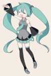  1girl aqua_hair bare_shoulders beige_background closed_eyes detached_sleeves hatsune_miku headphones long_hair moti_(mirmeri) necktie simple_background singing smile solo tattoo thigh-highs twintails very_long_hair vocaloid zettai_ryouiki 