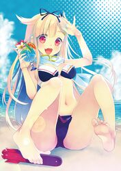  1girl barefoot beach between_toes blonde_hair breasts clouds cocktail fang feet foot_hold halftone hands kantai_collection looking_at_viewer namanie navel open_mouth red_eyes sky soles solo swimsuit tagme toes water yuudachi_(kantai_collection) 