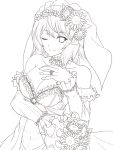  1girl bare_shoulders bouquet breasts bridal_veil choker detached_sleeves dress flower highres hozenkakari kazami_yuuka large_breasts lineart monochrome one_eye_closed short_hair smile solo sunflower touhou veil wedding_dress 