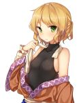  1girl bare_shoulders blonde_hair blush flat_chest green_eyes long_sleeves looking_at_viewer mizuhashi_parsee off_shoulder parted_lips ponytail scarf shinova shirt short_hair simple_background sleeveless sleeveless_turtleneck small_breasts solo touhou turtleneck undressing white_background 
