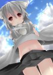  1girl animal_ears arm_behind_back breasts brown_eyes chestnut_mouth clouds grey_hair hand_on_own_chest highres impossible_clothes impossible_shirt inubashiri_momiji midriff navel short_hair silyouta1120 skirt sky solo touhou wind_lift 