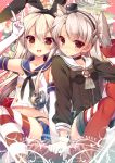  &gt;:d 2girls :d amatsukaze_(kantai_collection) bare_shoulders black_panties blonde_hair blush brown_eyes elbow_gloves flat_chest gloves hair_ribbon hair_tubes hairband highleg highleg_panties holding_hands kantai_collection long_hair looking_at_viewer midriff mitsumomo_mamu multiple_girls navel open_mouth panties red_legwear ribbon sailor_collar school_uniform serafuku shimakaze_(kantai_collection) silver_hair sitting skirt smile striped striped_legwear thigh-highs twintails underwear v white_gloves 