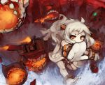  1girl ahoge anklet barefoot gloves glowing glowing_eyes green_eyes itsukia jewelry kantai_collection long_hair looking_at_viewer monster northern_ocean_hime open_mouth pale_skin red_eyes shinkaisei-kan solo turret white_hair 