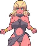  1girl blonde_hair blush breasts dragon_quest dragon_quest_x fang green_eyes horns kihaiu large_breasts looking_at_viewer navel ogre_(dq10) open_mouth red_skin short_hair simple_background solo white_background 