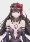  1girl akemi_homura akuma_homura bare_shoulders black_gloves black_hair black_wings bow choker dress elbow_gloves feathered_wings gaihan_umeboshi_mitchell gloves grey_background hair_bow highres long_hair looking_at_viewer mahou_shoujo_madoka_magica mahou_shoujo_madoka_magica_movie simple_background smile solo spoilers violet_eyes wings 