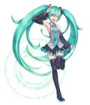  1girl 2d arm_up black_legwear blush detached_sleeves green_eyes green_hair hair_ornament hatsune_miku long_hair looking_at_viewer necktie one_eye_closed open_mouth skirt smile solo thigh-highs twintails very_long_hair vocaloid zettai_ryouiki 