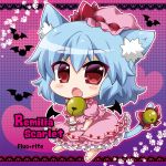  1girl :d animal_ears bat bat_wings bell blue_hair cat_ears cat_tail character_name chibi dress frilled_dress frills looking_at_viewer mob_cap noai_nioshi open_mouth pink_dress red_eyes remilia_scarlet short_hair smile solo tail touhou wings 