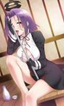  1girl alcohol bare_legs black_gloves blush breasts choko_(cup) cleavage gloves highres kantai_collection large_breasts licking mechanical_halo open_mouth purple_hair red_eyes ren_san sake school_uniform short_hair sitting solo tatsuta_(kantai_collection) tokkuri tongue tongue_out 