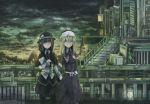  2girls blonde_hair blue_eyes brown_hair building capelet city cityscape clouds cloudy_sky dark_sky dress hat holding_hands interlocked_fingers looking_at_viewer maribel_hearn michi_l_(streetlamp) multiple_girls necktie orange_eyes scenery short_hair skirt sky smile stairs touhou usami_renko 