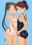  2girls :o =_= adjusting_another&#039;s_swimsuit alternate_costume ass ayanami_(kantai_collection) bikini blush brown_eyes brown_hair hair_ribbon heart heart_in_mouth kantai_collection koumo long_hair looking_at_viewer multiple_girls navel one-piece_tan open_mouth ponytail ribbon school_swimsuit shikinami_(kantai_collection) short_hair side-tie_bikini side_ponytail small_breasts smile string_bikini swimsuit tan tanline white_bikini white_swimsuit 