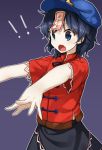  !! 1girl black_hair blue_background blue_eyes bow fang hat highres jiangshi miyako_yoshika ofuda open_mouth outstretched_arms shinova shirt short_hair short_sleeves simple_background skirt solo star surprised text touhou zombie_pose 