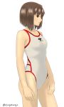  1girl bare_shoulders brown_hair capriccyo competition_swimsuit highres hyuuga_(kantai_collection) kantai_collection one-piece_swimsuit red_eyes short_hair simple_background solo standing swimsuit twitter_username white_background 