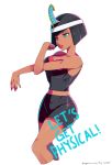  1girl bike_shorts black_hair blue_eyes breasts cleavage cropped_legs dark_skin eliza_(skullgirls) eyeshadow lips makeup navel one_eye_closed short_hair skullgirls solo sports_bra sportswear strap_gap stretch sweat tiara xryuu 