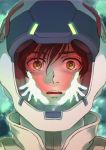  1boy banagher_links close-up face flower_(hanamuratomoko) gundam gundam_unicorn helmet looking_at_viewer outstretched_arms solo 