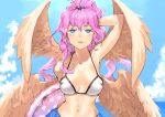  1girl ahoge angel angel_wings archangel_metatron_(p&amp;d) arm_behind_head arm_up armpits bikini blue_eyes blue_sky blush breasts bust cleavage clouds collarbone feathered_wings heart heart_print innertube jyon long_hair looking_at_viewer midriff multiple_wings navel open_mouth outdoors pink_hair ponytail puzzle_&amp;_dragons sarong sky solo swimsuit towel water white_bikini white_swimsuit wings 