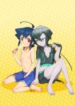  2boys ahoge anklet barefoot black_hair blue_hair brown_eyes danball_senki danball_senki_w green_eyes highres jewelry long_hair male mizeru multiple_boys oozora_hiro pale_skin popsicle shirtless short_hair smile swim_trunks 