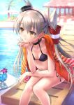  1girl amatsukaze_(kantai_collection) bikini black_bikini brown_eyes chin_rest choker collarbone goto_p hair_ornament hairband hat jacket_on_shoulders kantai_collection leaning_forward long_hair mini_top_hat navel parted_lips poolside side-tie_bikini silver_hair sitting small_breasts solo swimsuit top_hat twintails two_side_up very_long_hair 
