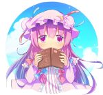  1girl blush book bow double_bun hair_bow hat hidden_mouth long_hair patchouli_knowledge purple_hair rowtan sash solo touhou translation_request violet_eyes 