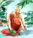  1boy blonde_hair earrings fate/zero fate_(series) frog gilgamesh jewelry mpn partially_submerged red_eyes solo tattoo toga 