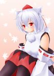  1girl animal_ears baia bare_shoulders black_legwear blush breasts detached_sleeves hat inubashiri_momiji leaf looking_at_viewer pink_background pom_pom_(clothes) red_eyes short_hair silver_hair sitting smile solo tokin_hat touhou wolf_ears 