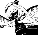  :d ascot crazy evil evil_grin evil_smile flandre_scarlet grin hair_over_one_eye laevatein looking_at_viewer lowres monochrome open_hand open_mouth outstretched_arm s_katsuo simple_background skirt smile touhou vest white_background wings 