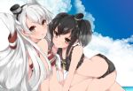  2girls amatsukaze_(kantai_collection) bent_over bikini black_bikini black_hair blush brown_eyes clouds hair_tubes hat kantai_collection long_hair looking_at_viewer multiple_girls open_mouth short_hair_with_long_locks silver_hair sky striped striped_bikini striped_swimsuit swimsuit takeshima_(nia) tokitsukaze_(kantai_collection) two_side_up 