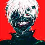  1boy creepy eyepatch kaneki_ken male meola portrait red_background red_eyes solo teeth tokyo_ghoul white_hair zipper 