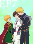  1girl 2boys audrey_burne banagher_links blonde_hair brown_hair cape crying flower_(hanamuratomoko) green_eyes gundam gundam_unicorn highres mineva_lao_zabi multiple_boys orange_hair pantyhose pilot_suit riddhe_marcenas 