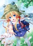  1girl :o blonde_hair blue_eyes blue_sky flower grass hair_ribbon hand_on_headwear hat hoozuki_shia leaning_forward light_rays long_hair looking_at_viewer moriya_suwako open_mouth outdoors outstretched_hand petals ribbon ribbon-trimmed_sleeves ribbon_trim sky solo sunbeam sunlight thigh-highs touhou tree_branch white_legwear wide_sleeves zettai_ryouiki 