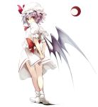  1girl arms_behind_back bat_wings blush gorilla_(bun0615) hat looking_at_viewer looking_back puffy_short_sleeves puffy_sleeves red_eyes remilia_scarlet short_sleeves silver_hair simple_background solo touhou white_background wings 