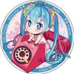  1girl absurdly_long_hair ahoge blue_eyes blue_hair chibi corded_phone hatsune_miku long_hair lowres mio-muo1206 phone rotary_phone skirt smile solo twintails very_long_hair vocaloid 