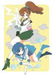  2girls bishoujo_senshi_sailor_moon boots bow brown_hair choker earrings elbow_gloves gloves green_eyes green_skirt hair_ornament jewelry kino_makoto knee_boots long_hair magical_girl meco mizuno_ami multiple_girls ponytail sailor_jupiter sailor_mercury short_hair skirt 