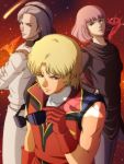  1girl 2boys blonde_hair cabbage666 char_aznable gundam haman_karn logo multiple_boys paptimus_scirocco purple_hair quattro_bajeena sunglasses zeta_gundam 