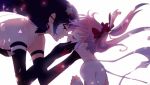  2girls akemi_homura akuma_homura bare_shoulders black_gloves black_hair bow choker closed_eyes dress elbow_gloves gloves hair_bow hand_on_another&#039;s_cheek hand_on_another&#039;s_face incipient_kiss jeran_(ggokd) kaname_madoka long_hair looking_at_another mahou_shoujo_madoka_magica mahou_shoujo_madoka_magica_movie multiple_girls pink_hair short_hair short_twintails simple_background smile spoilers star twintails violet_eyes white_background yuri 