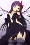  1girl akemi_homura akuma_homura argyle argyle_legwear bare_shoulders black_gloves black_hair black_wings bow choker dress elbow_gloves feathered_wings from_below gloves hair_bow highres long_hair looking_at_viewer mahou_shoujo_madoka_magica mahou_shoujo_madoka_magica_movie mouth_hold simple_background smile solo spoilers ssy thigh-highs violet_eyes white_background wings zettai_ryouiki 