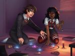  1boy 1girl black_hair brown_eyes candle commentary dark_skin dr_graevling glasses kneeling long_hair magic_circle necktie open_mouth original pointing school_uniform thigh-highs 