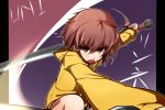  1girl ahoge bike_shorts brown_hair dual_wielding hoodie knife linne reverse_grip short_hair solo sword totosu under_night_in-birth violet_eyes weapon 