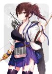  1girl arisaka_ako arrow bow_(weapon) breasts brown_eyes brown_hair cleavage gloves japanese_clothes kaga_(kantai_collection) kantai_collection long_hair muneate ponytail side_ponytail single_glove skirt solo tasuki thigh-highs torn_clothes untying weapon zettai_ryouiki 